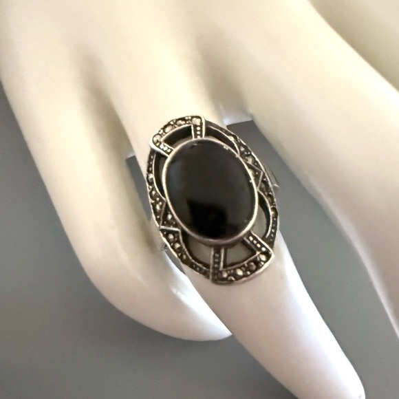VTG Art Deco Style Sterling Silver Onyx Marcasite Ring - Picture 1 of 5